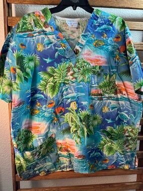Tropical Print Scrub Top - Blue Multi XL Peaches Uniform